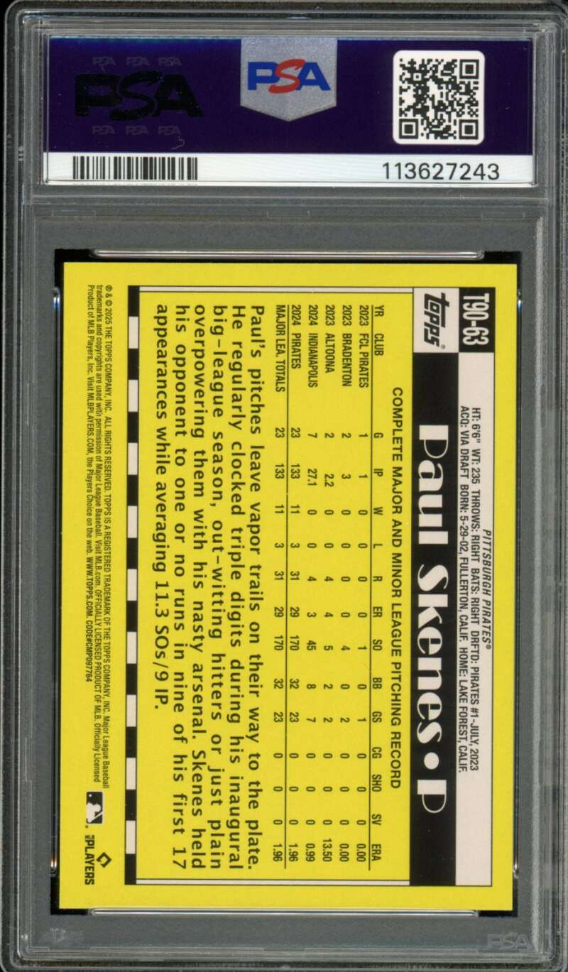 Paul Skenes Card 2025 Topps 1990 #T9063 PSA 9 Image 2