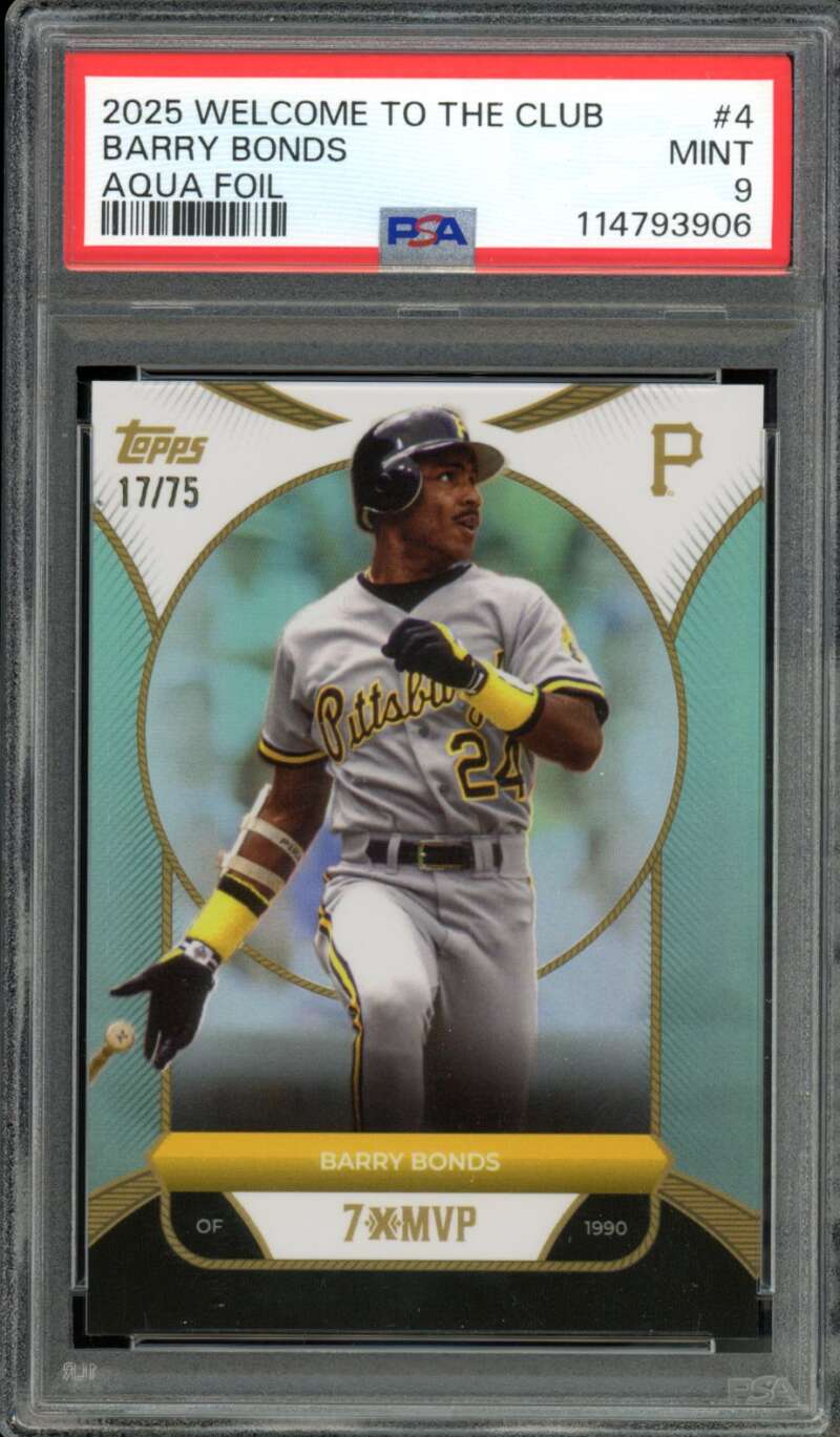 Barry Bonds Card 2025 Welcome To The Club Aqua Foil (17/75) (pop 3) #4 PSA 9 Image 1