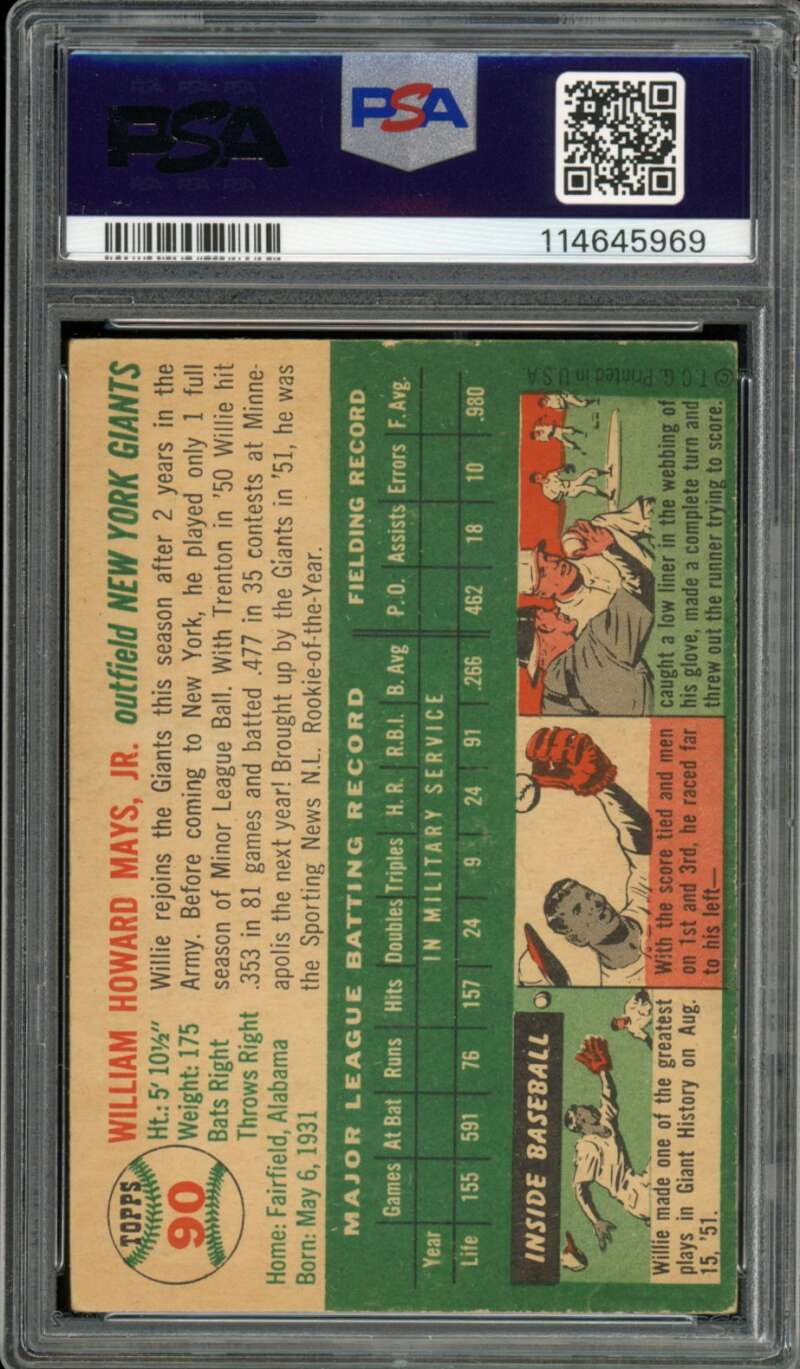 Willie Mays Card 1954 Topps #90 PSA 2(MC) Image 2