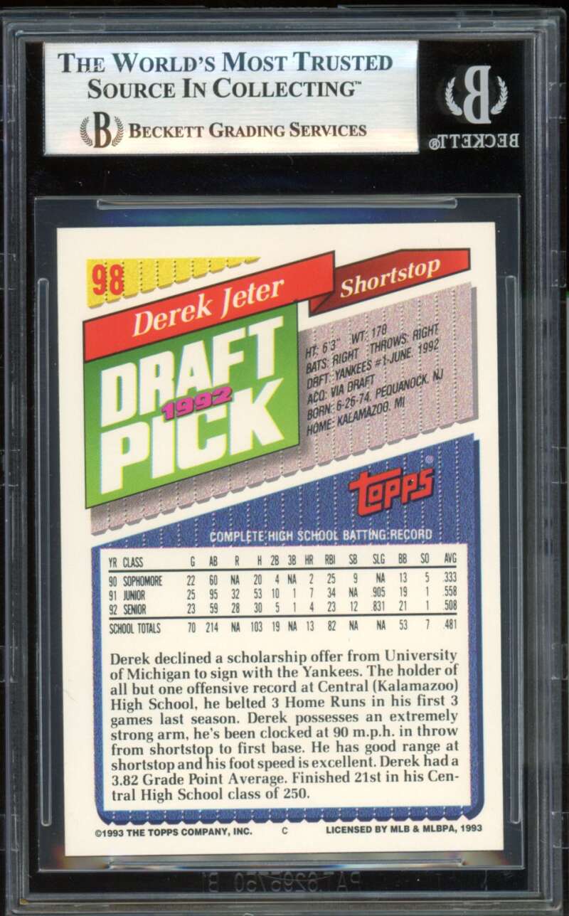 Derek Jeter Rookie Card 1993 Topps Inaugural Marlins #98 BGS 9 Image 2