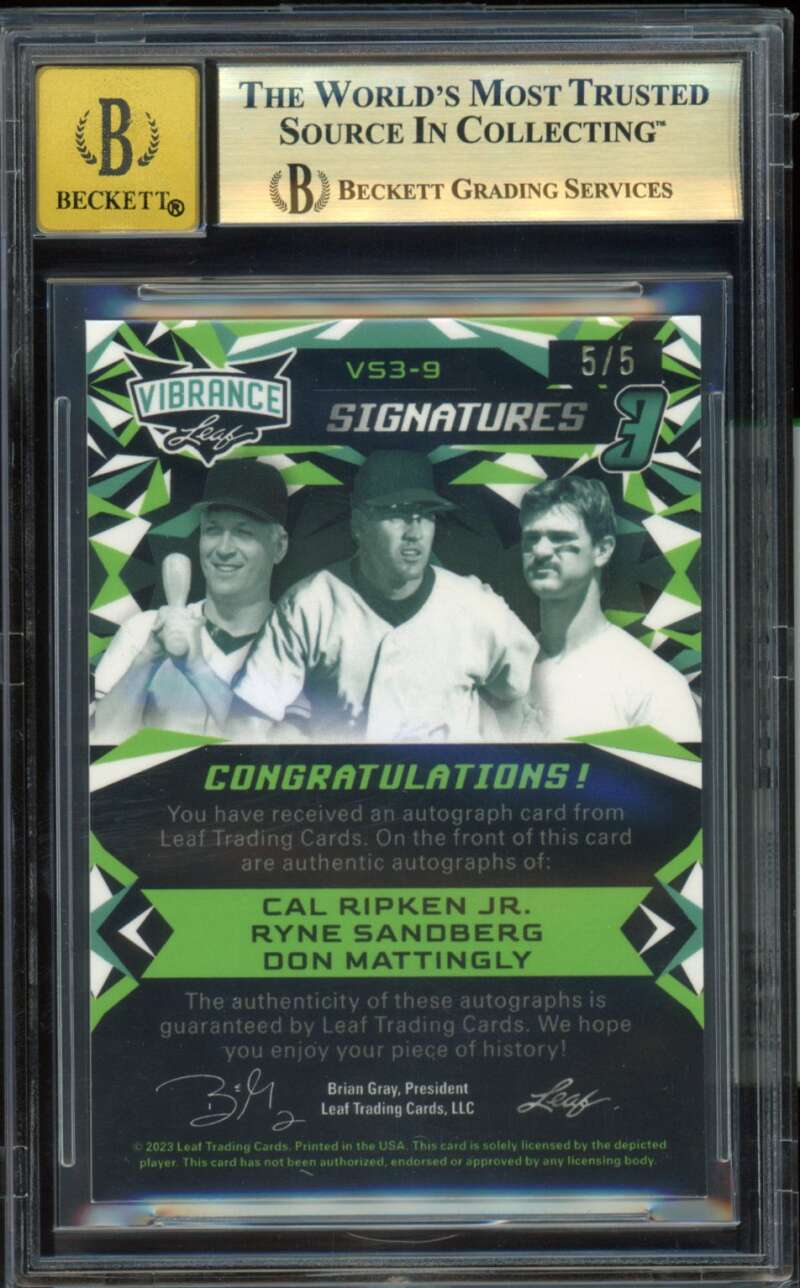Cal Ripken/Ryne Sandberg/Don Mattingly 2023 Leaf Vibrance Signatures #9 BGS 9.5 Image 2