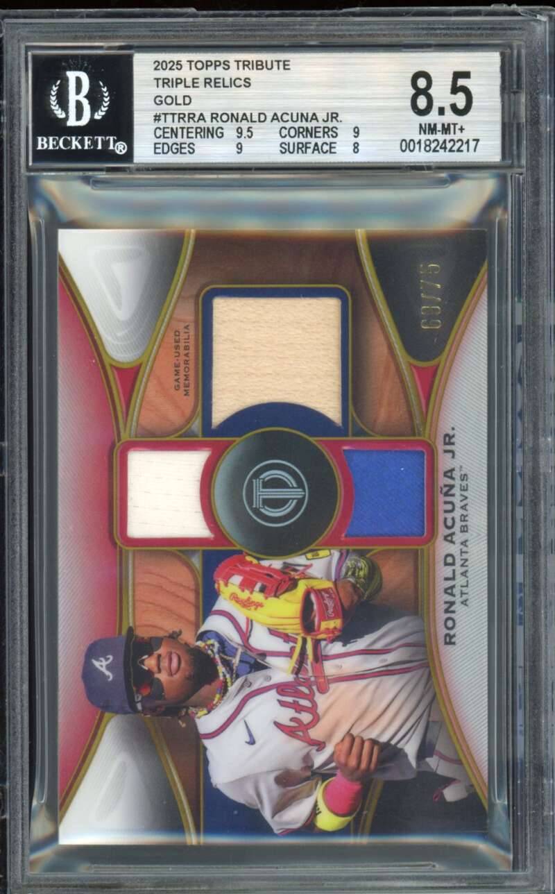 Ronald Acuna Jr. 2025 Topps Tribute Triple Relics Gold (68/75) #TTRRA BGS 8.5 Image 1