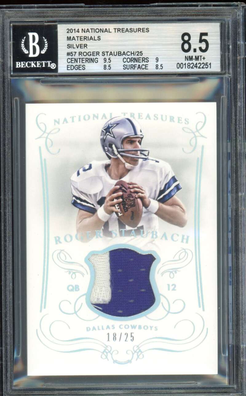 Roger Staubach Card 2014 National MaterialsTreasures (pop 1) (18/25) #57 BGS 8.5 Image 1