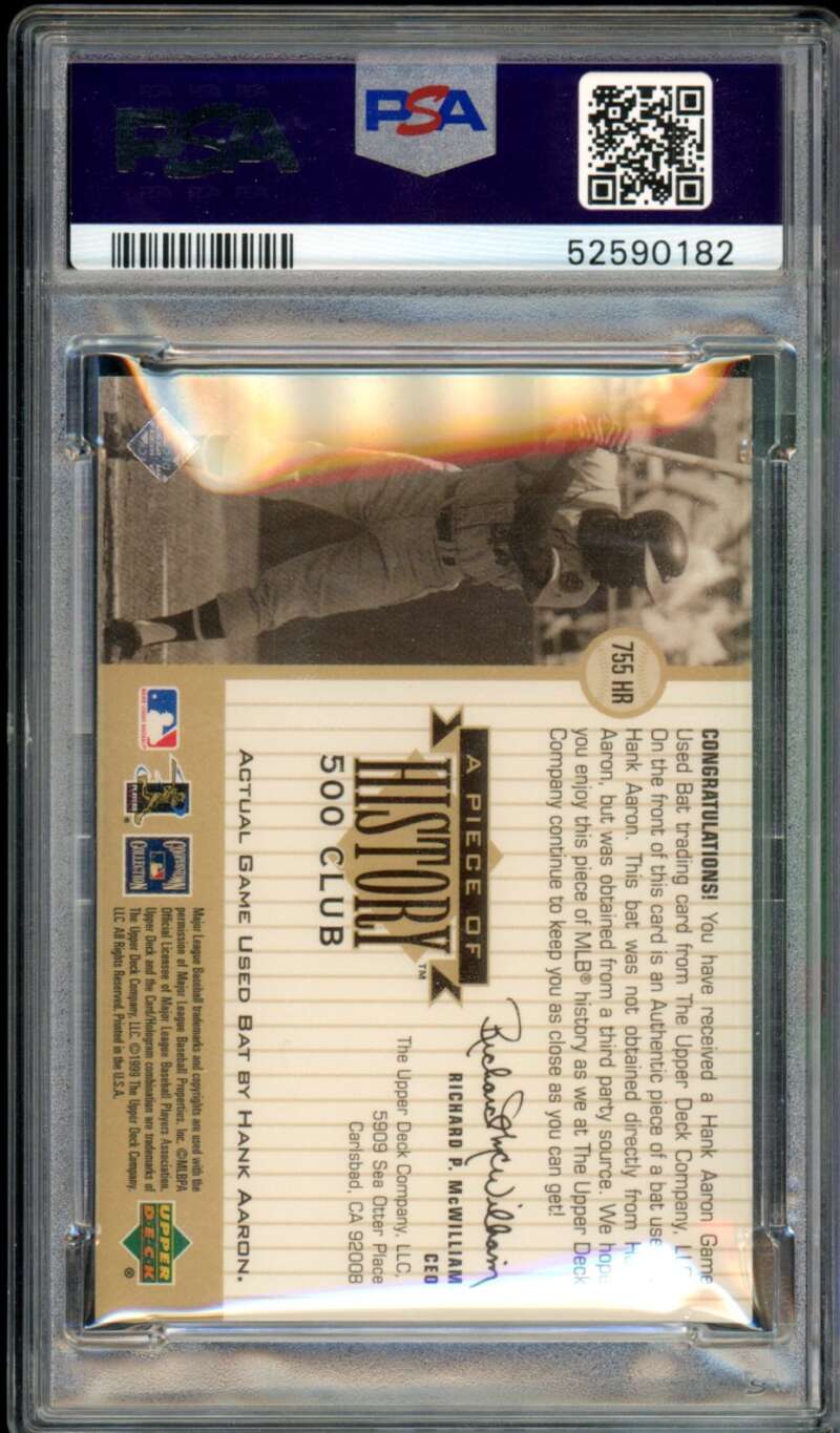 Hank Aaron Card 2000 Upper Deck Piece/History 500 Club Bat (pop 10) #755Hr PSA 9 Image 2