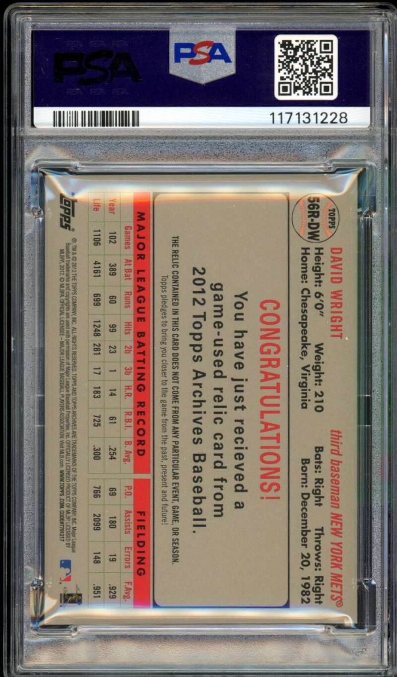 David Wright Card 2012 Topps Archives 1956 Relics (pop 1) #56Rdw PSA 10 Image 2