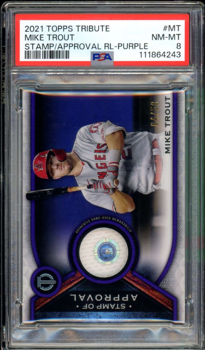 Mike Trout Card 2021 Topps Tribute Stamp/Approval Purple (4/50) #RL-PA PSA 8 Image 1