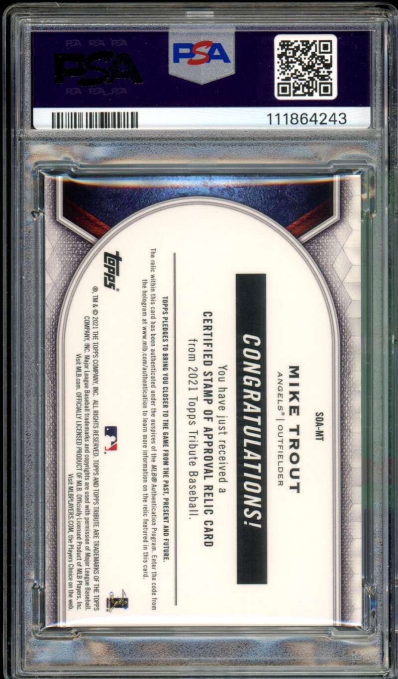 Mike Trout Card 2021 Topps Tribute Stamp/Approval Purple (4/50) #RL-PA PSA 8 Image 2