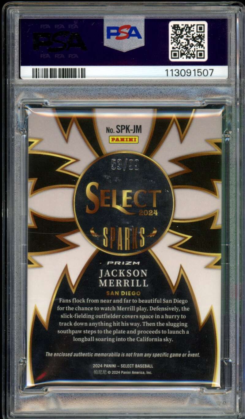 Jackson Merrill Rookie 2024 Select Sparks MaterRed Prizm (pop 1) #SPKJM PSA 10 Image 2