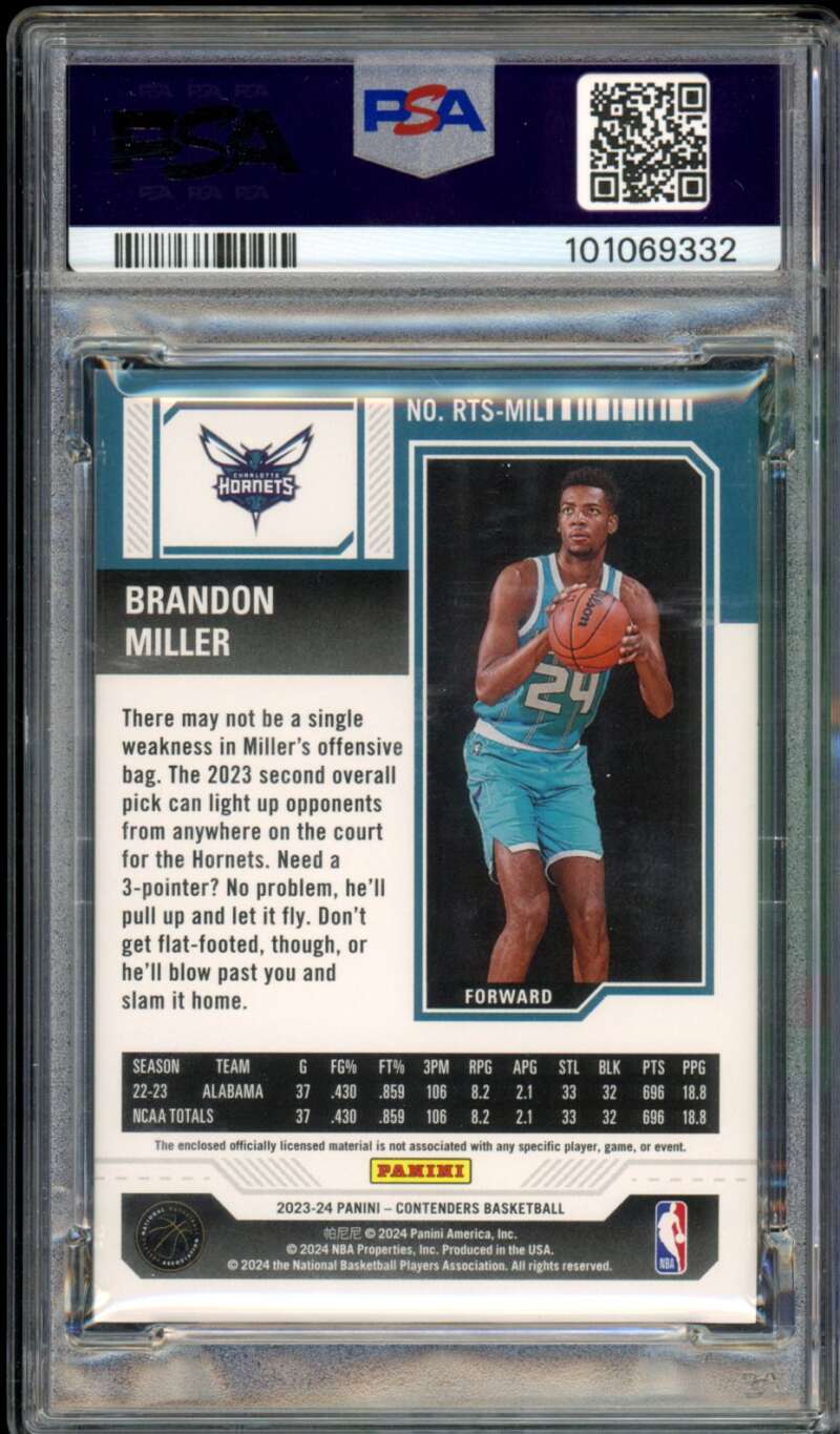 Brandon Miller Rookie Card 2023-24 Contenders Rookie Ticket Swatch #Rtsmil PSA 9 Image 2