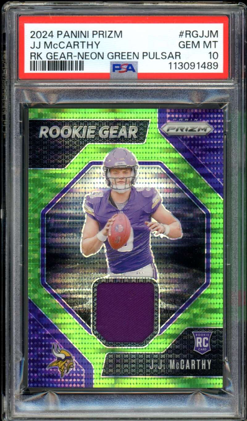 Jj McCarthy Rookie Card 2024 Panini Prizm Neon Green Pulsar #Rgjjm PSA 10 Image 1