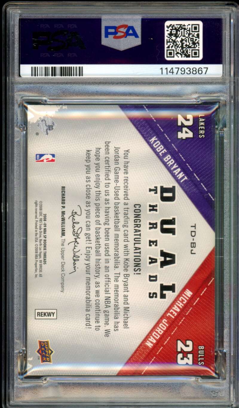Kobe Bryant/Michael Jordan Card 2008-09 SP Rookie Threads #TD-BJ PSA Authentic Image 2