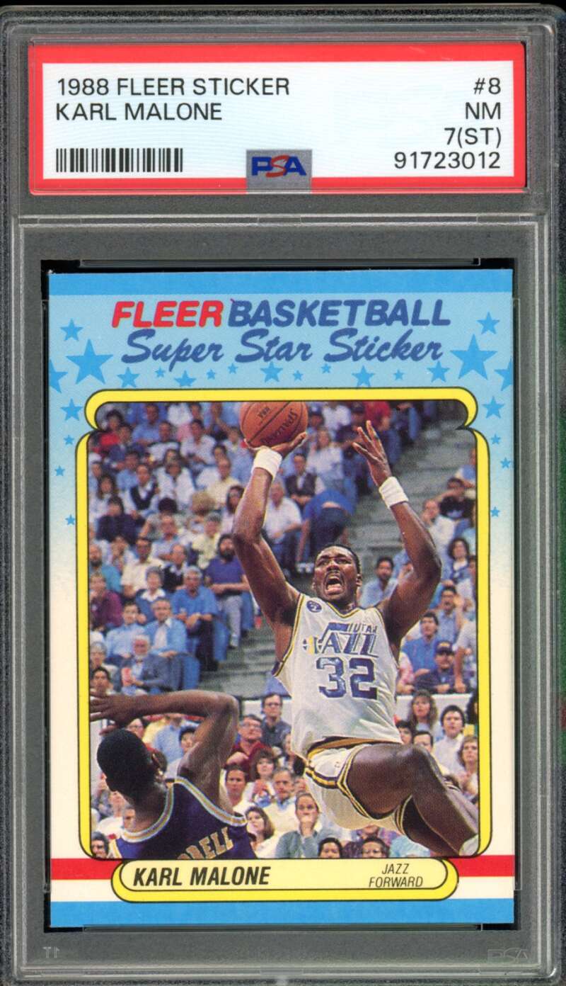 Karl Malone Card 1988-89 Fleer Sticker #8 PSA 7 (ST) Image 1