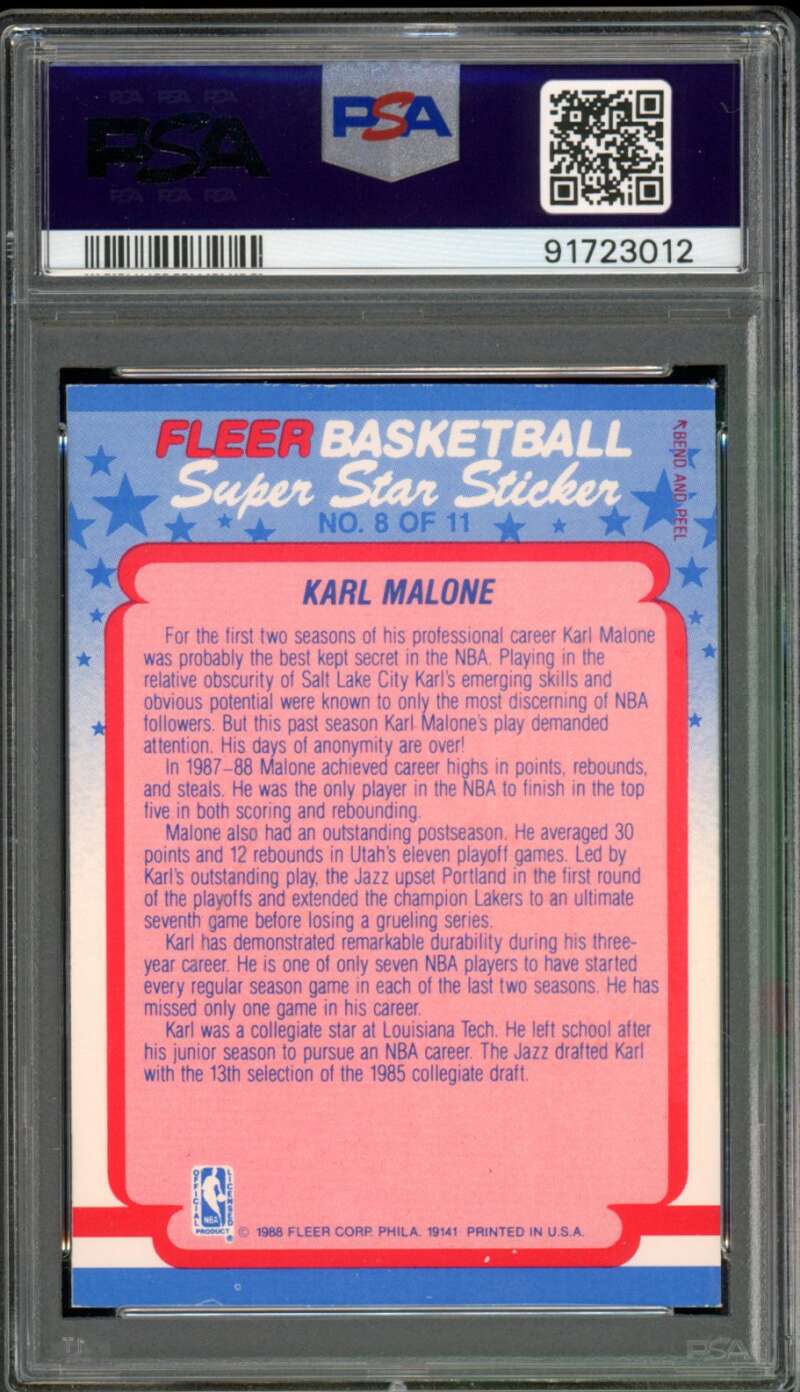 Karl Malone Card 1988-89 Fleer Sticker #8 PSA 7 (ST) Image 2