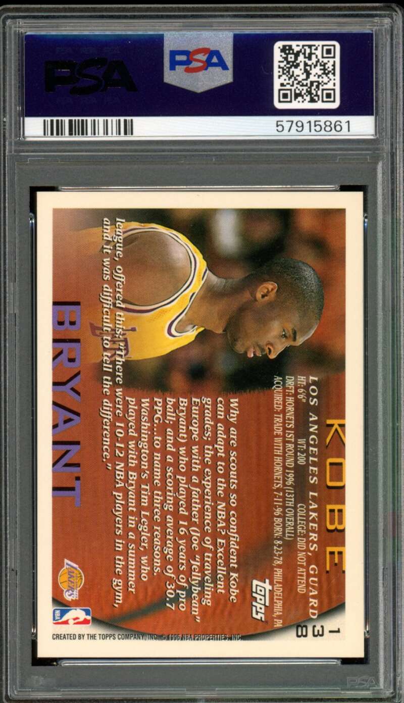 Kobe Bryant Rookie Card 1996-97 Topps #138 PSA 9 Image 2
