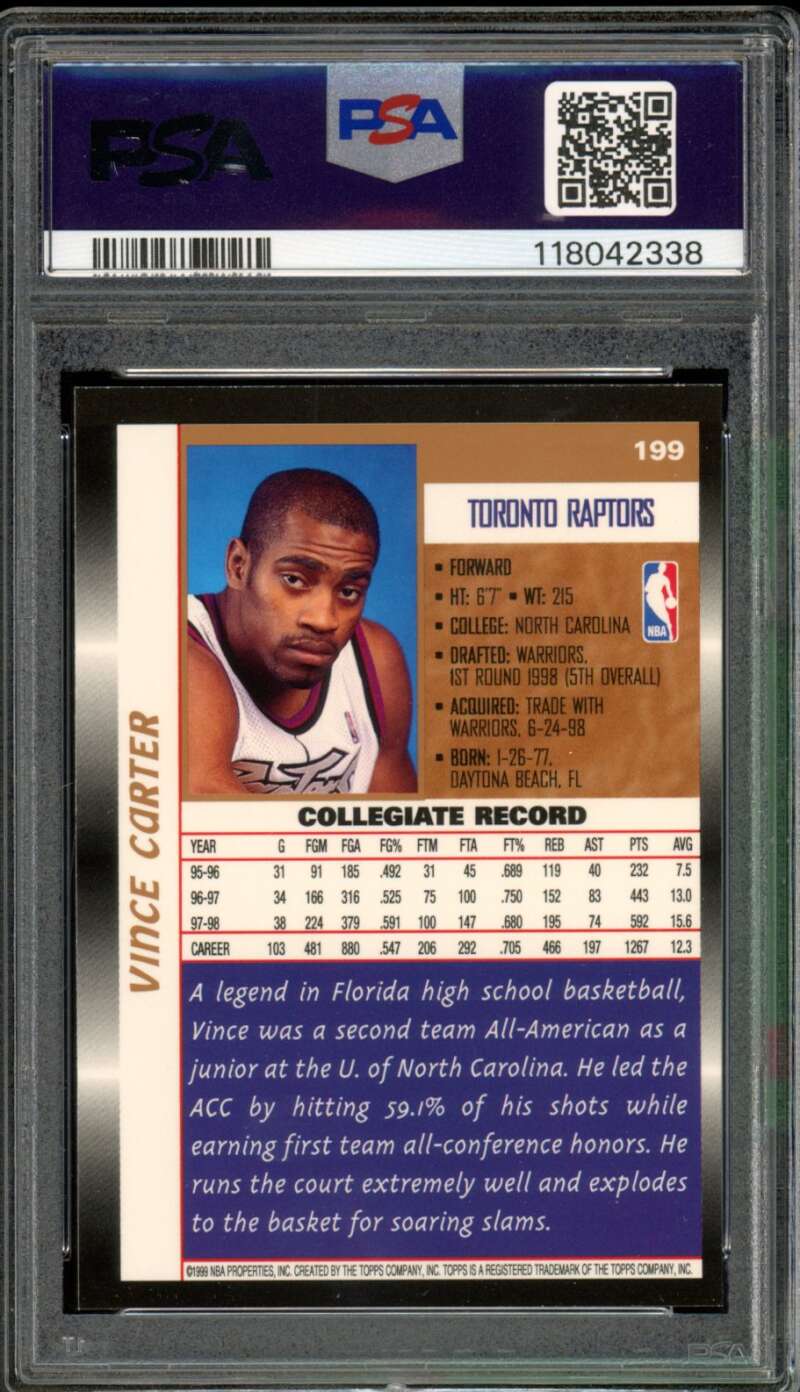 Vince Carter Rookie Card 1998-99 Topps #199 PSA 9 Image 2