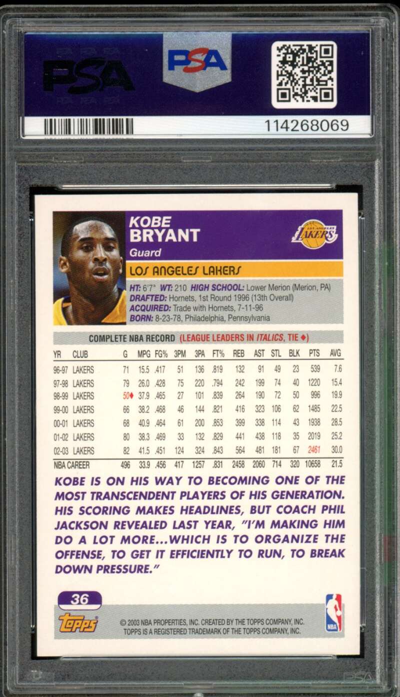 Kobe Bryant Card 2003-04 Topps #36 PSA 10 Image 2