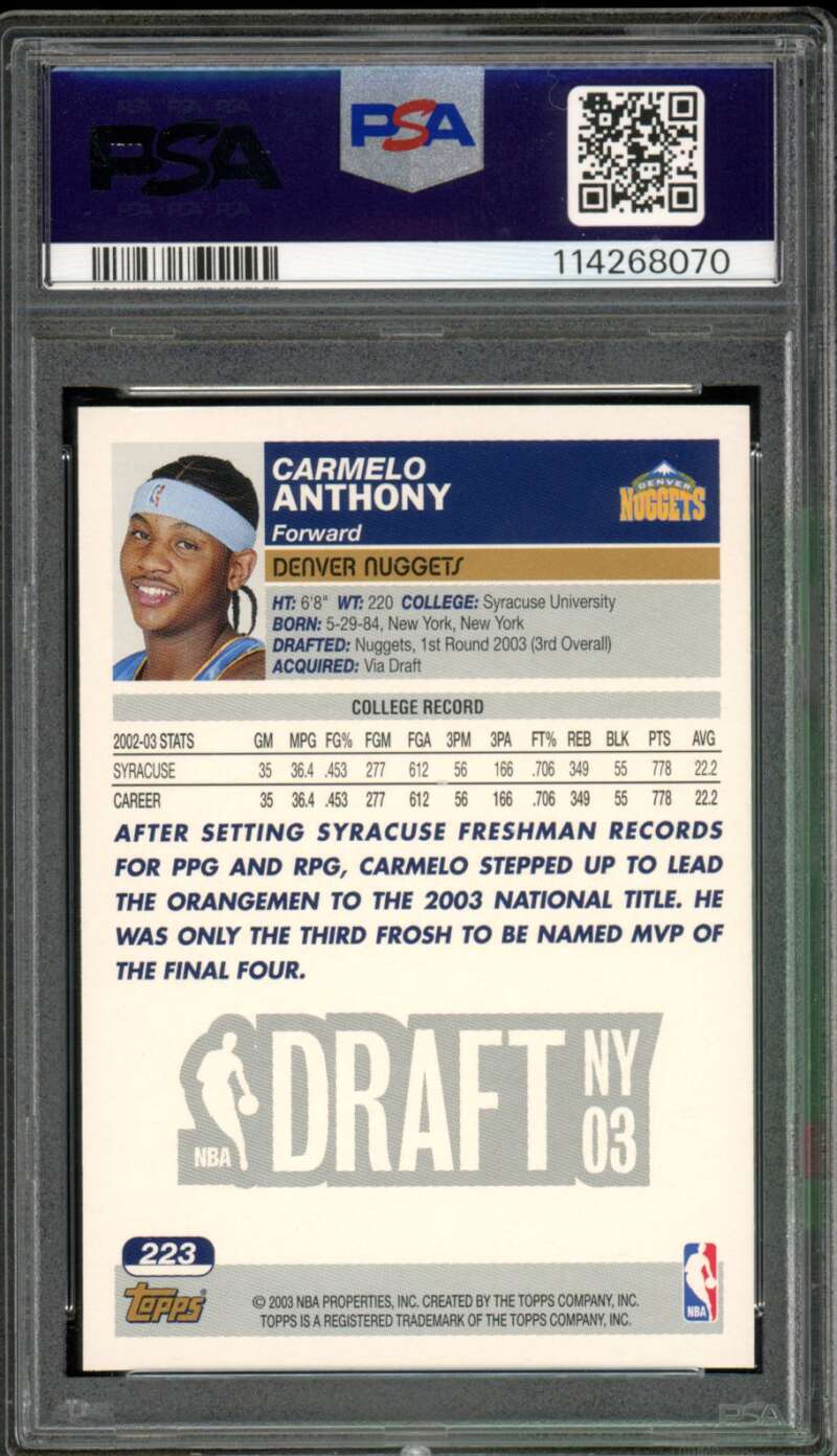 Carmelo Anthony Rookie Card 2003-04 Topps #223 PSA 10 Image 2