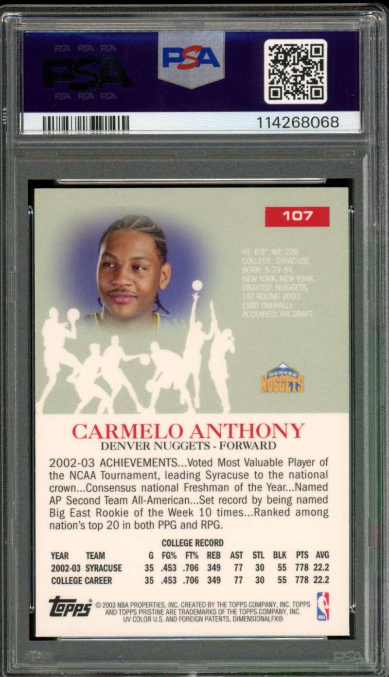 Carmelo Anthony Rookie Card 2003-04 Topps Pristine #107 PSA 9 Image 2