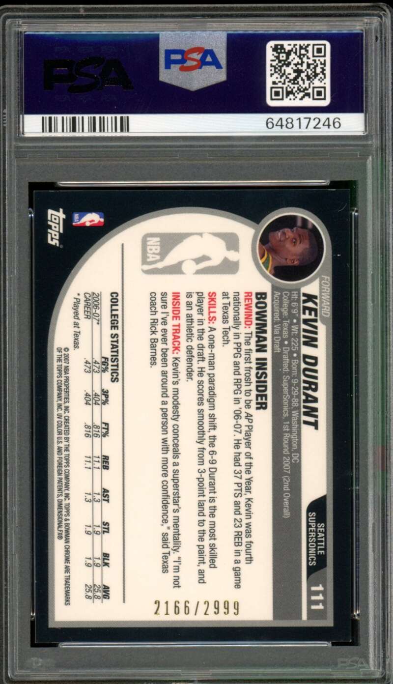 Kevin Durant Rookie Card 2007-08 Bowman Chrome #111 PSA 9 Image 2