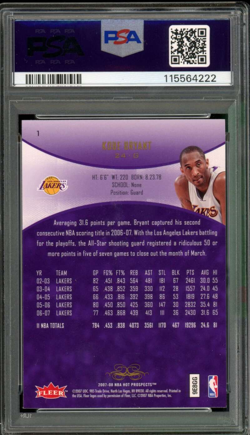 Kobe Bryant Card 2007-08 Fleer Hot Prospects #1 PSA 9 Image 2