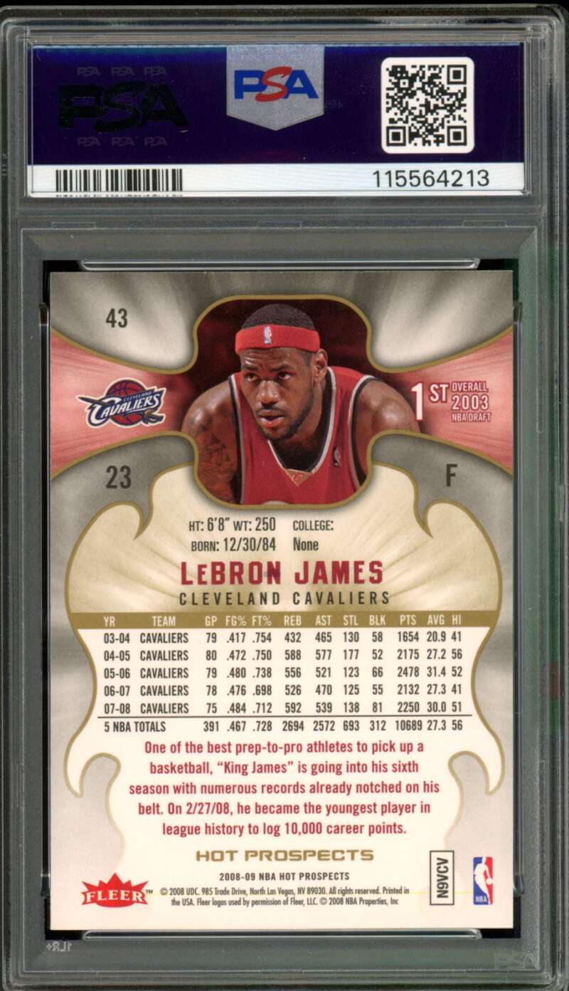 LeBron James Card 2008-09 Fleer Hot Prospects #43 PSA 10 Image 2