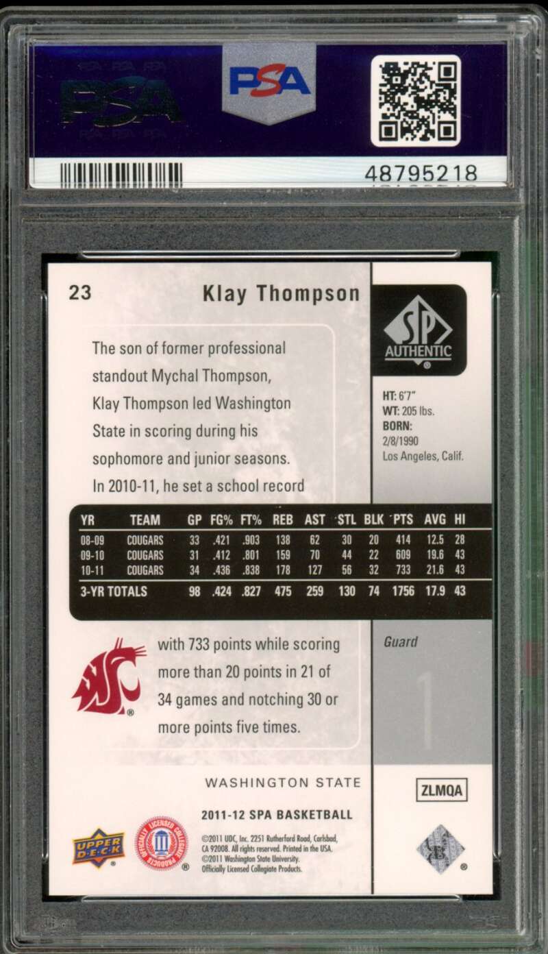 Klay Thompson Rookie Card 2011 SP Authentic #23 PSA 9 Image 2