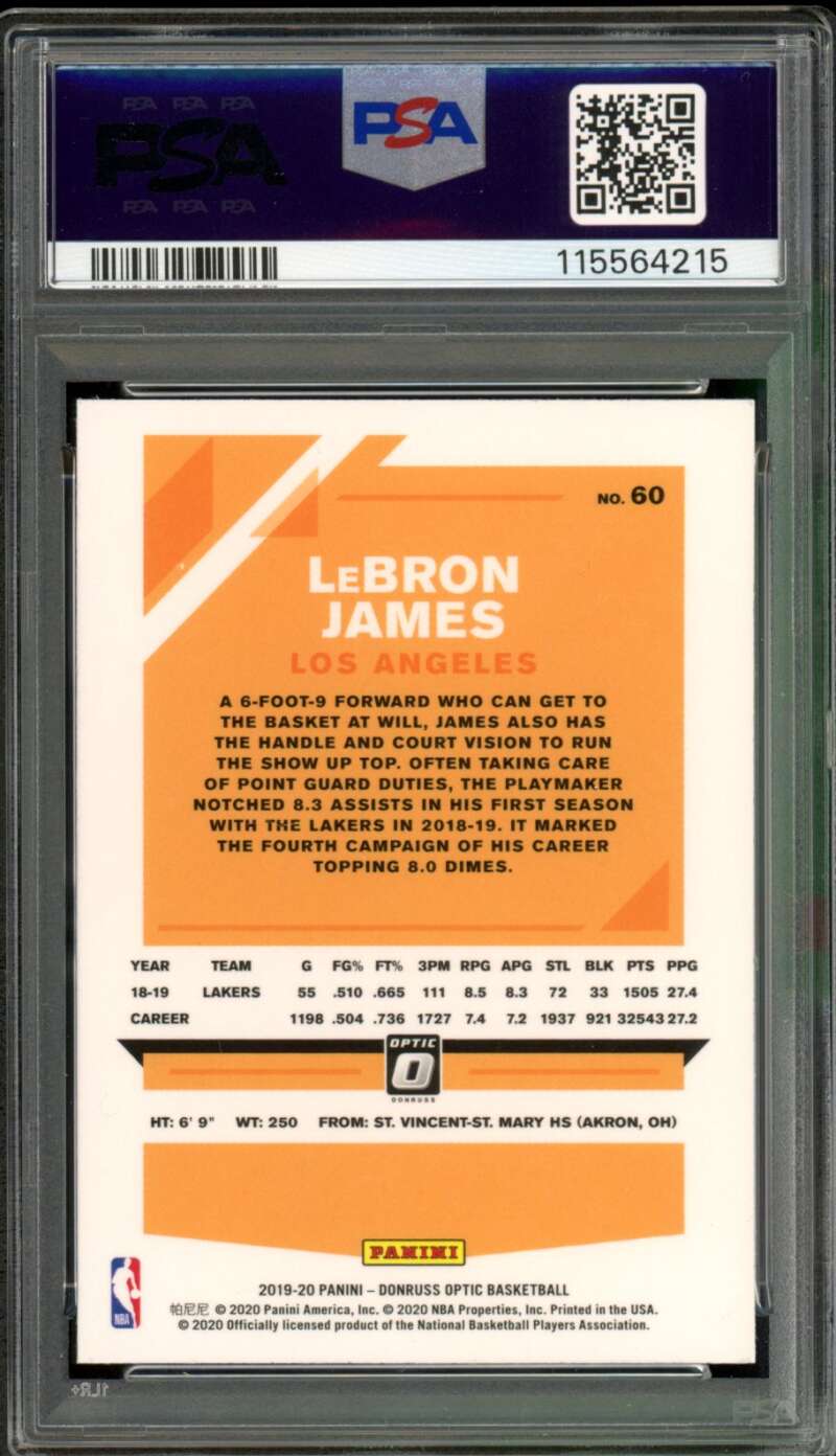LeBron James Card 2019-20 Panini Donruss Optic #60 PSA 10 Image 2