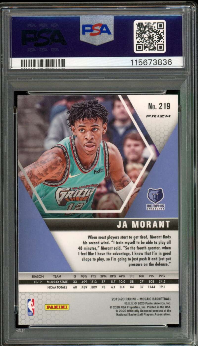 Ja Morant Rookie Card 2019-20 Panini Mosaic Pink Camo #219 PSA 9 Image 2