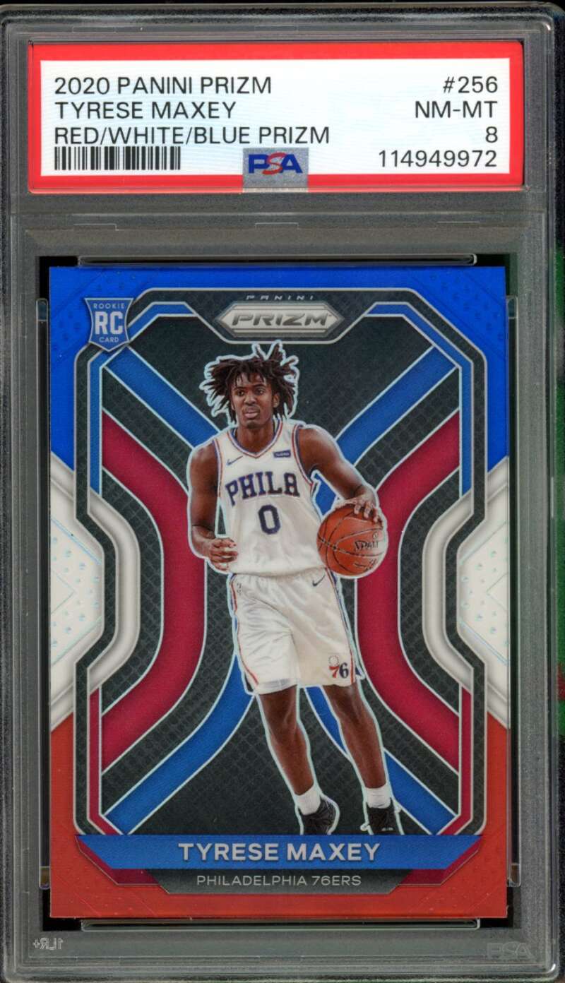 Tyrese Maxey Rookie Card 2020-21 Panini Prizm Red/White/Blue #256 PSA 8 Image 1