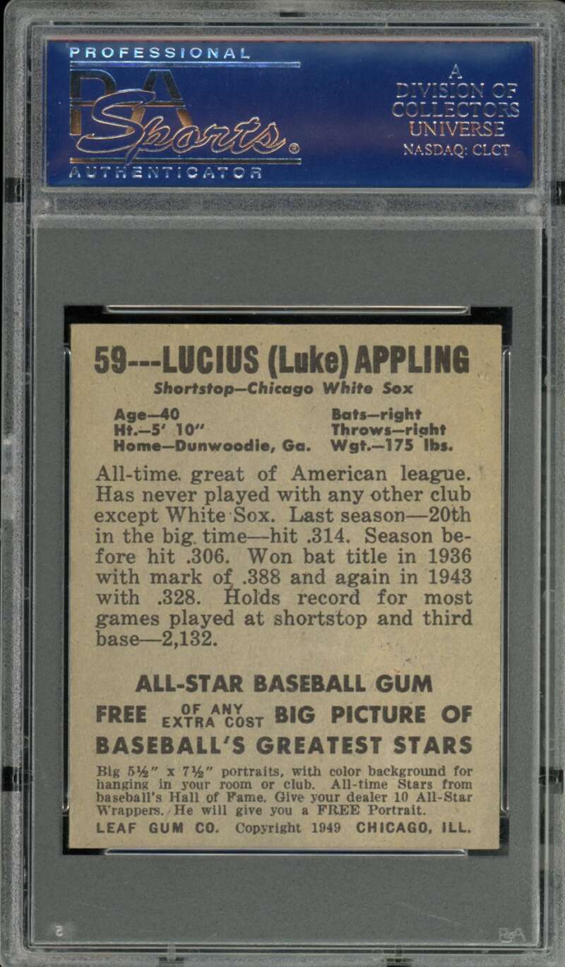Luke Appling Card 1948 Leaf #59 PSA 8 Image 2
