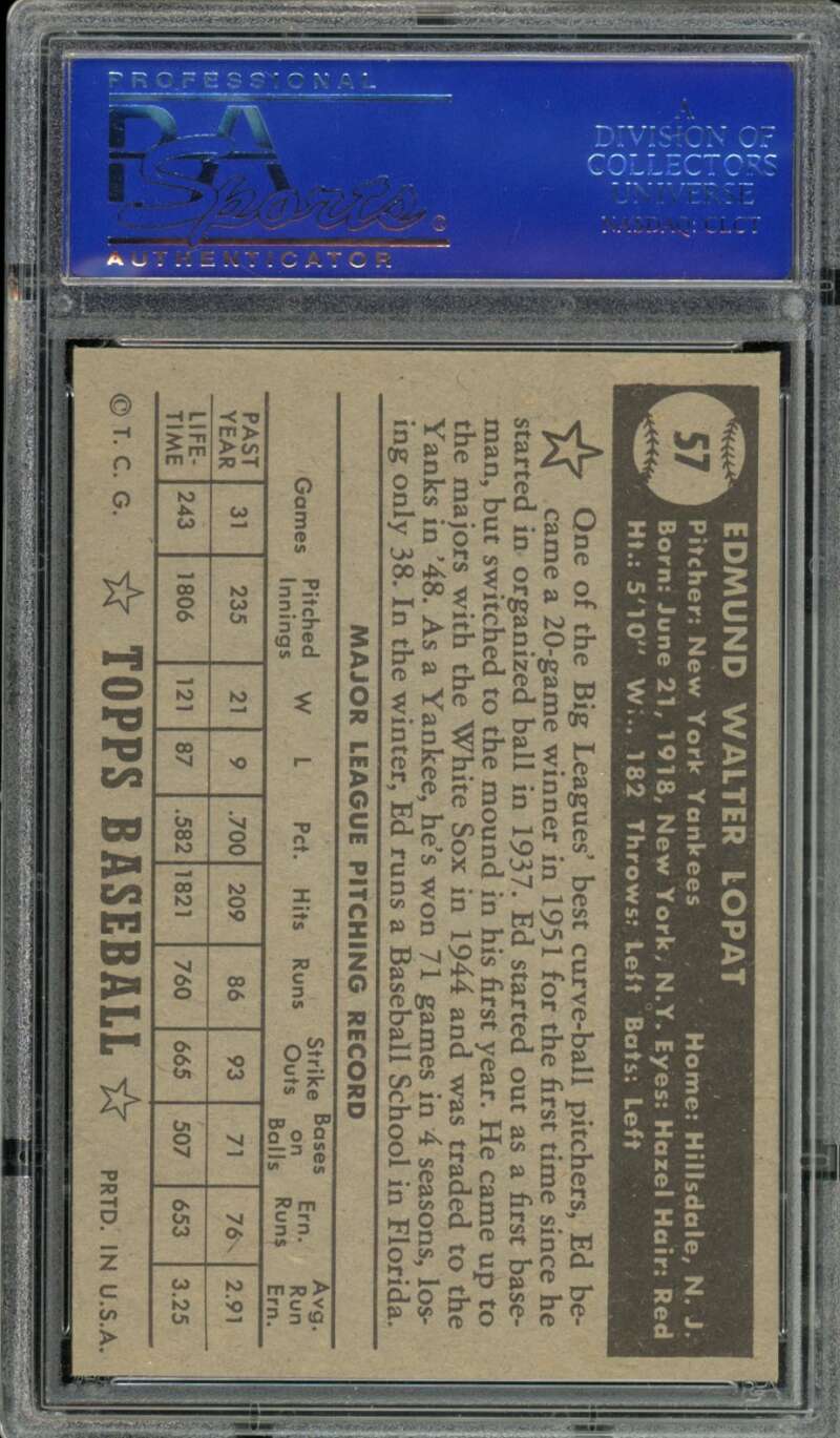 Ed Lopat Card 1952 Topps Black Back #57 PSA 8 Image 2