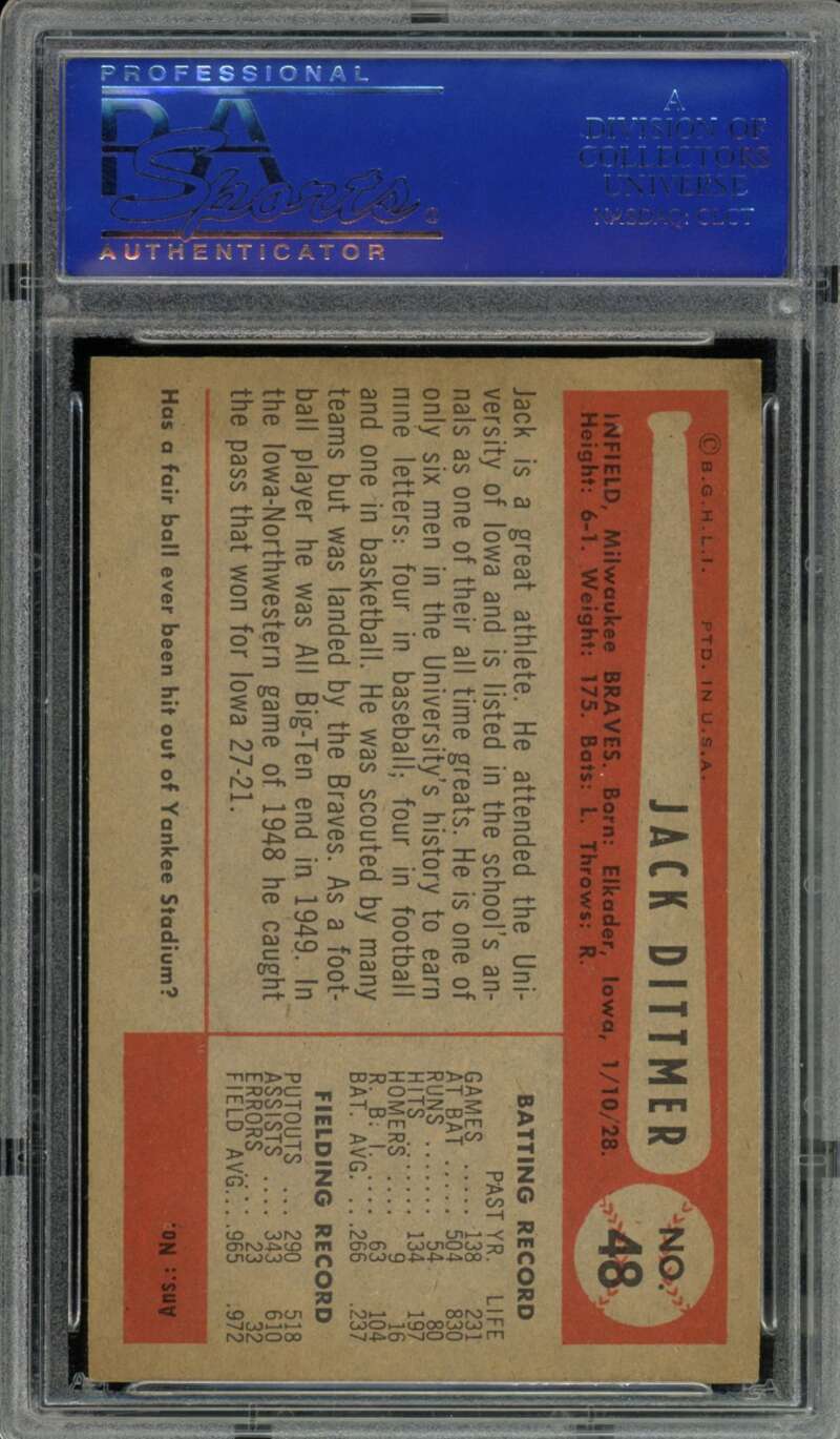 Jack Dittmer Card 1954 Bowman #48 PSA 8 Image 2