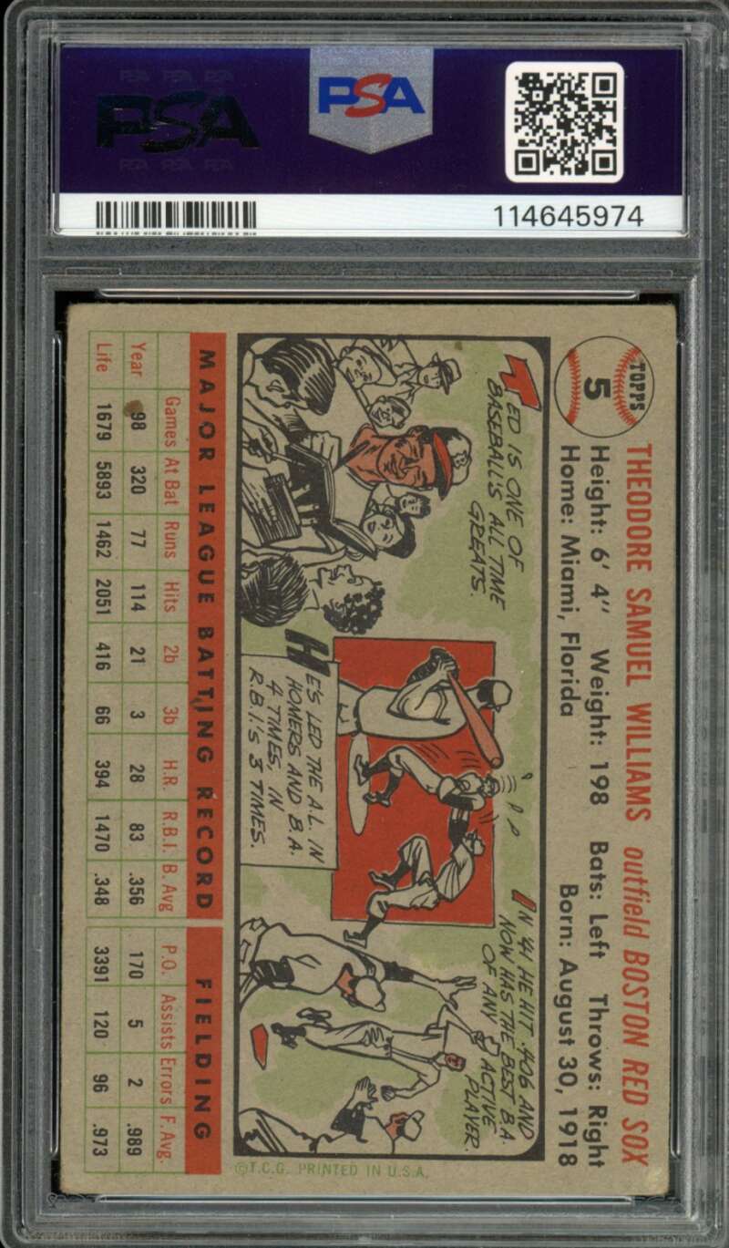 Ted Williams Card 1956 Topps #5 PSA 3 Image 2