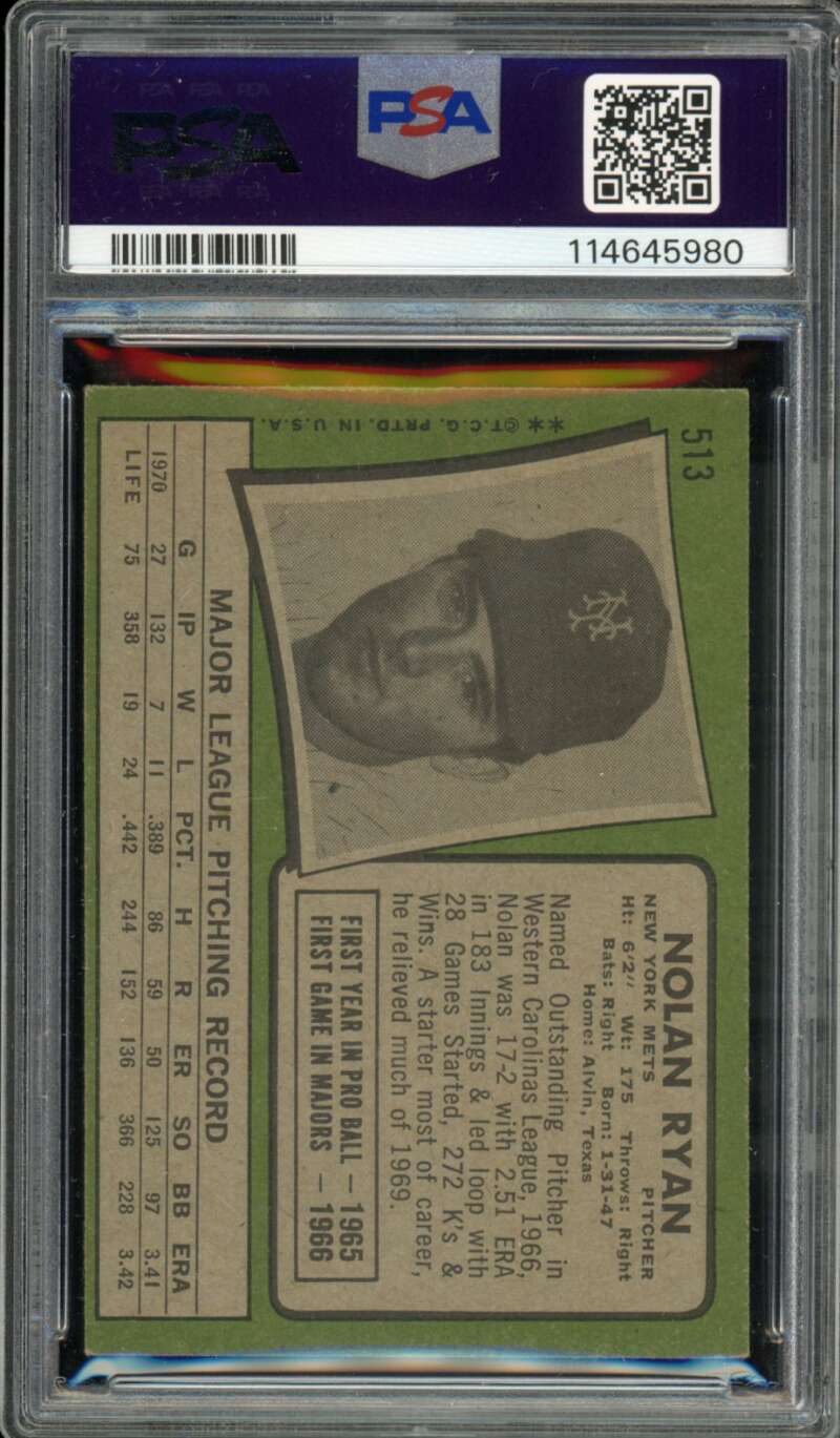 Nolan Ryan Card 1971 Topps #513 PSA 4 Image 2