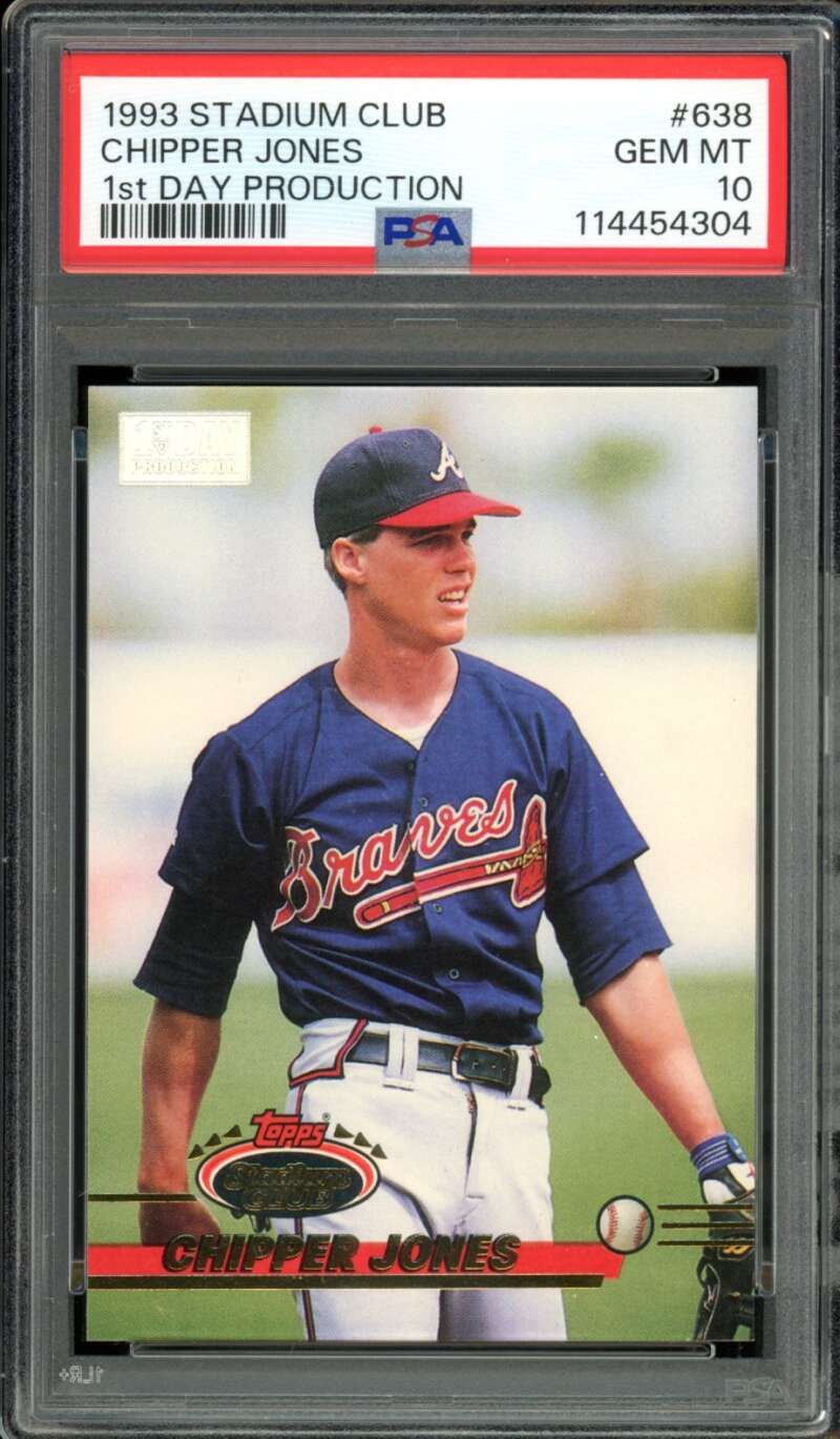 Chipper Jones Card 1993 Stadium Club First 1st Day Production #638 PSA 10 Image 1