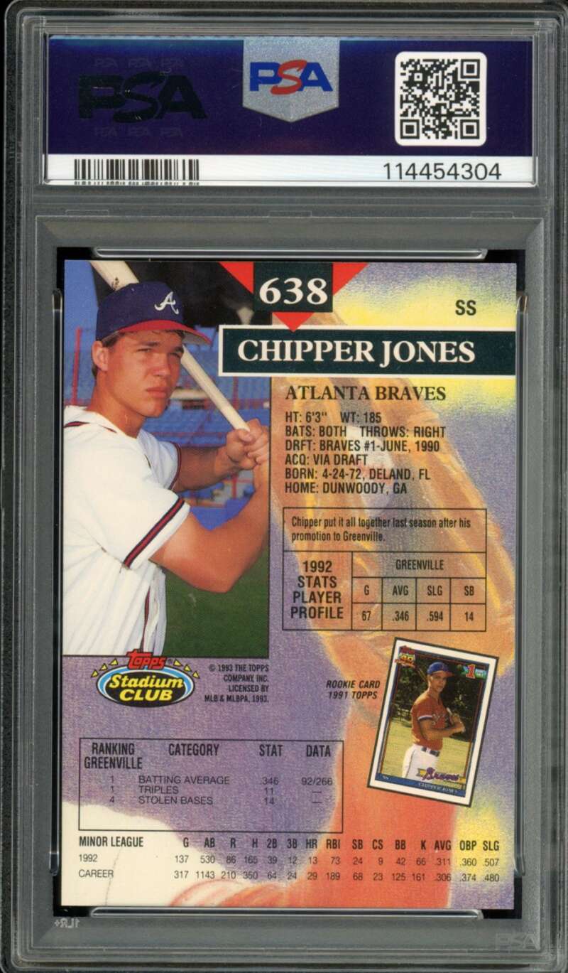 Chipper Jones Card 1993 Stadium Club First 1st Day Production #638 PSA 10 Image 2