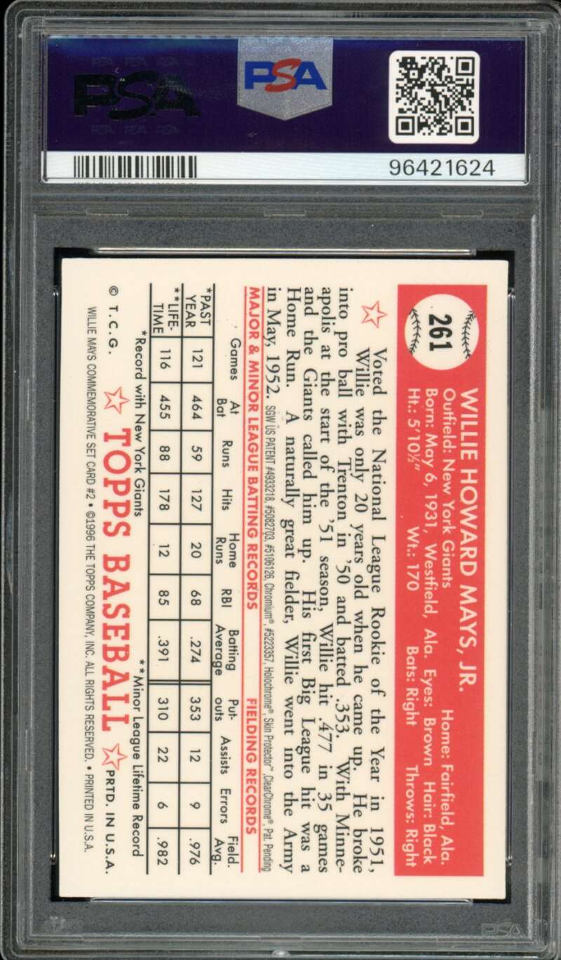 Willie Mays Card 1997 Topps Finest 1952 Topps Reprint #2 PSA 9 Image 2