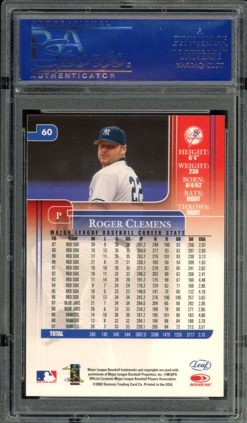Roger Clemens Card 2002 Leaf Rookies And Stars (pop 7) #60 PSA 10 Image 2