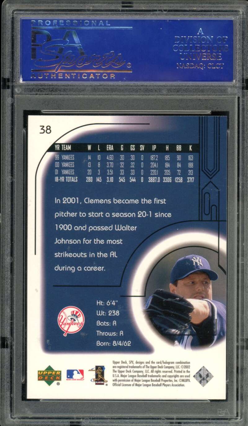 Roger Clemens Card 2002 SPx (pop 5) #38 PSA 10 Image 2
