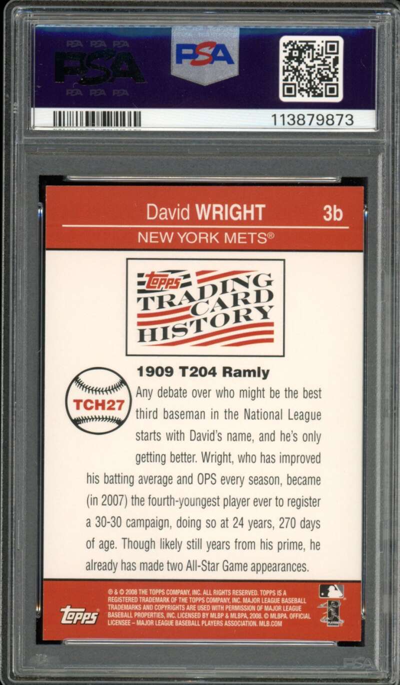 David Wright Card 2008 Topps Trading Card History (pop 2) #TCH27 PSA 9 Image 2