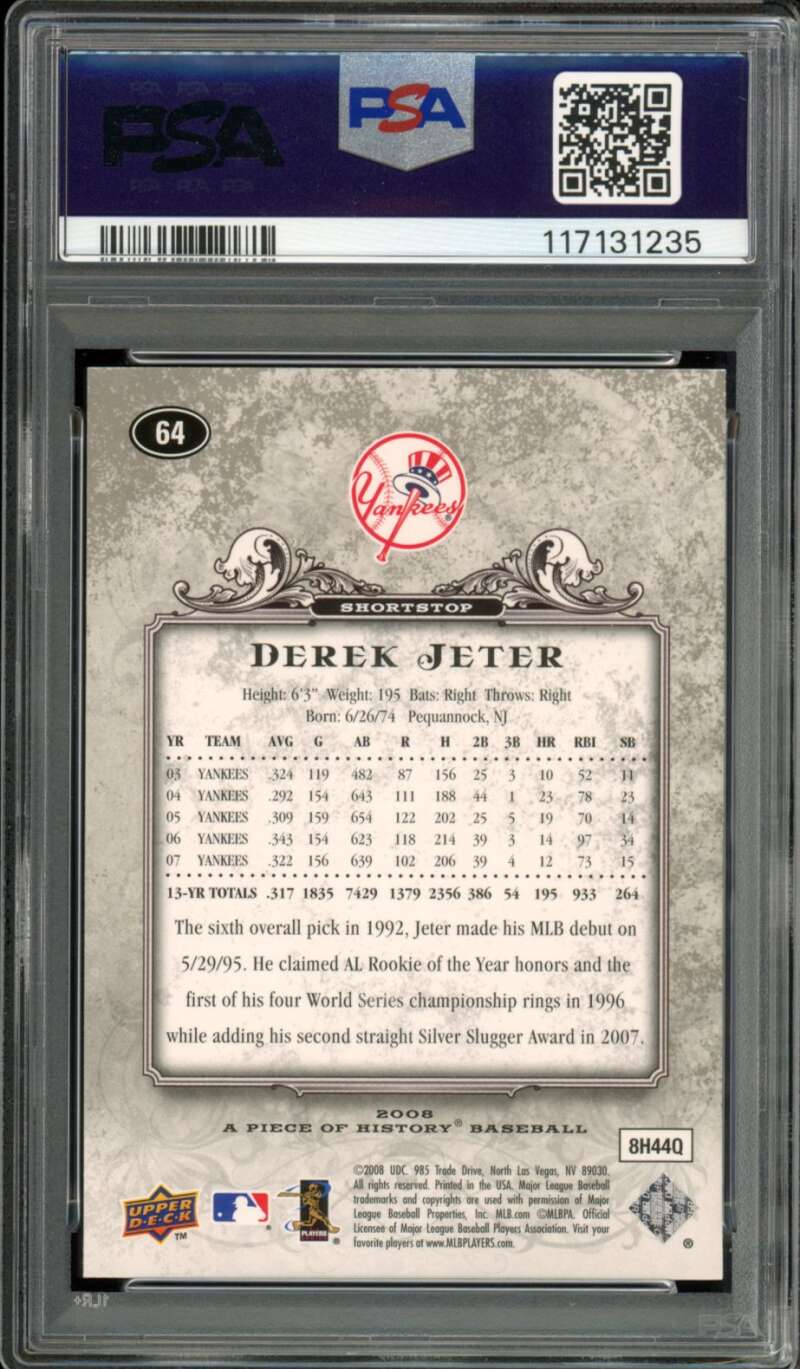 Derek Jeter Card 2008 Upper Deck A Piece of History #64 PSA 10 Image 2