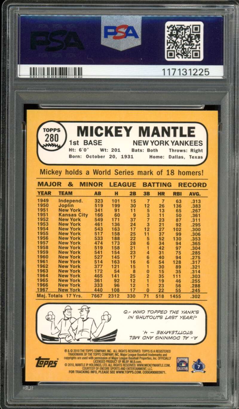 Mickey Mantle Card 2010 Topps CYMTO Original Back (pop 4) #280 PSA 9 Image 2