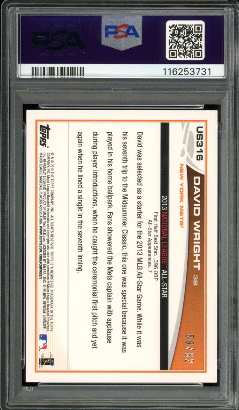 David Wright Card 2013 Topps Update Black (59/62) (pop 1) #US316 PSA 9 Image 2