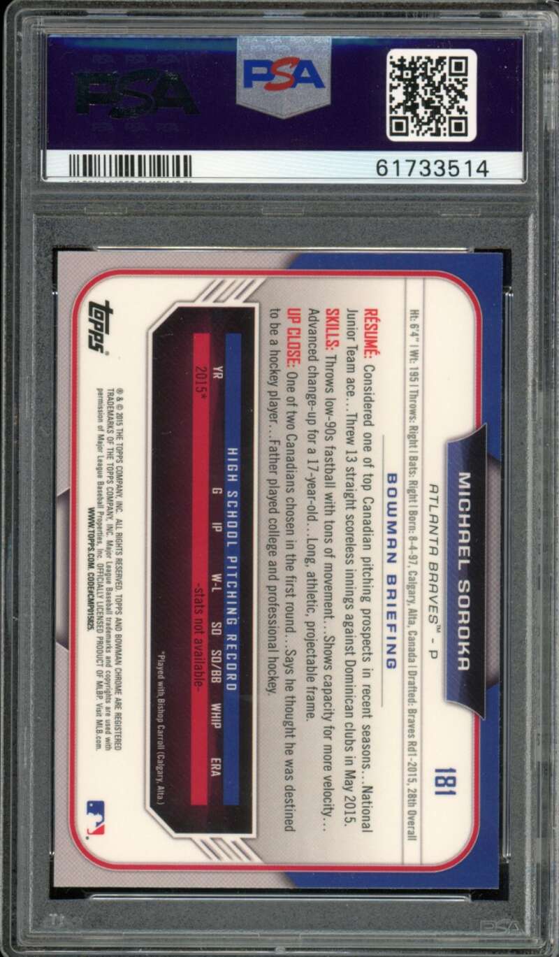 Michael Soroka Rookie Card 2015 Bowman Draft Chrome #181 PSA 10 Image 2