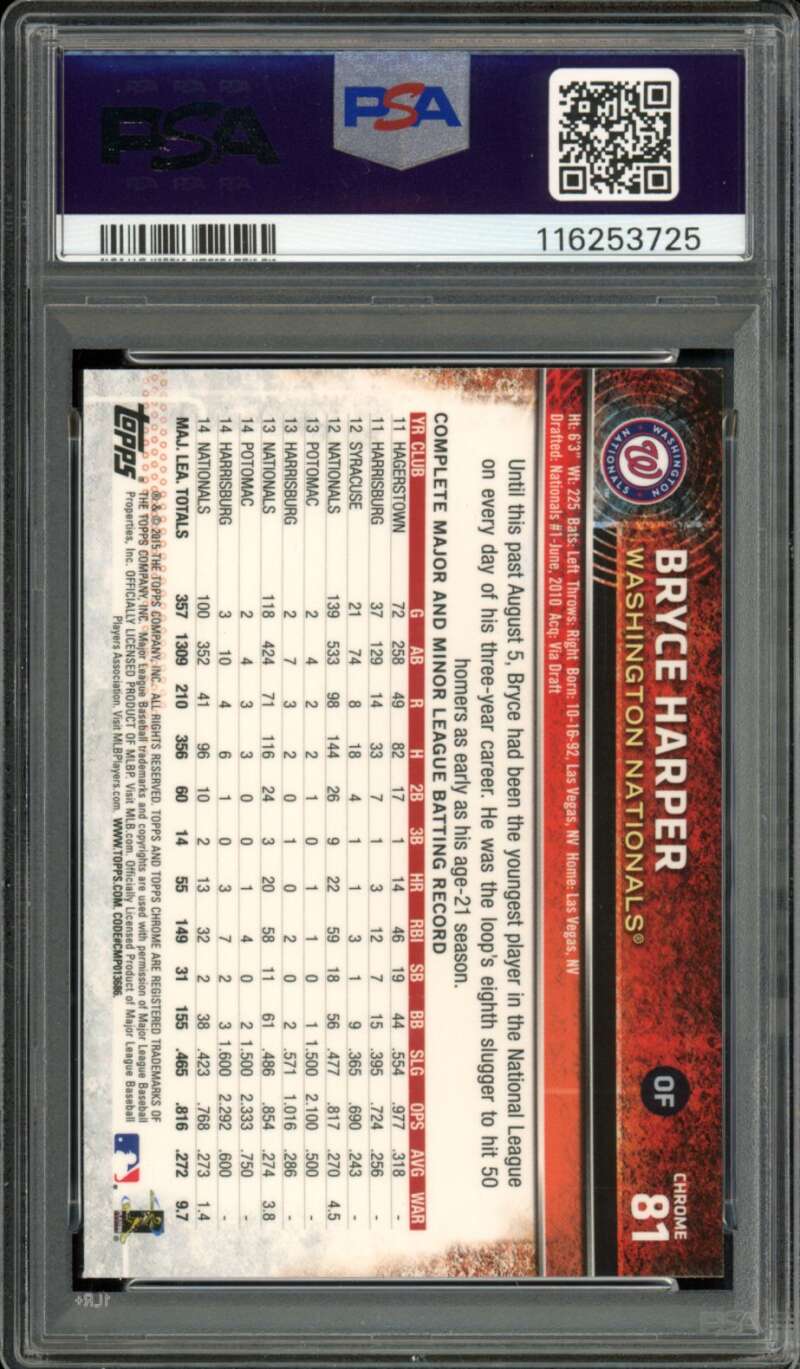 Bryce Harper Card 2015 Topps Chrome Refractor #81 PSA 10 Image 2