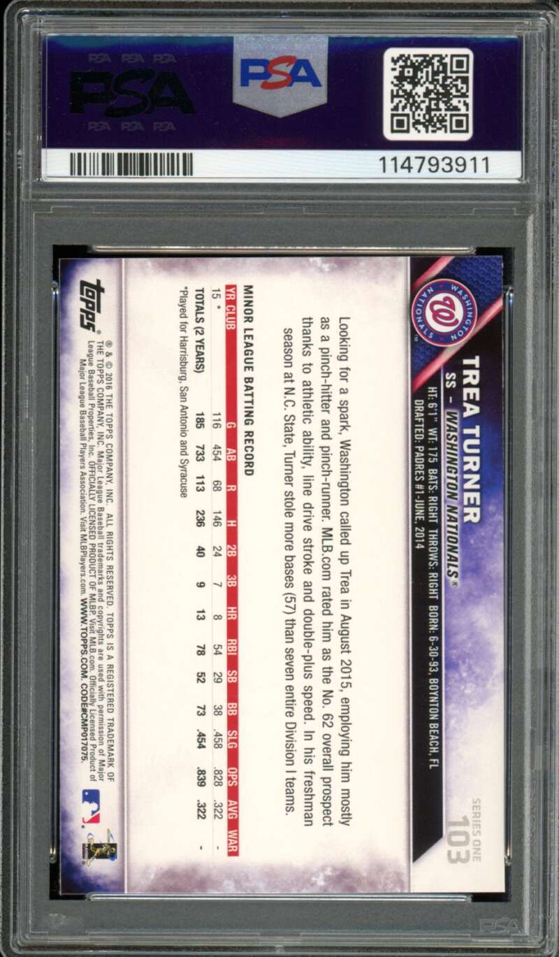 Trea Turner Rookie Card 2016 Topps #103 PSA 10 Image 2