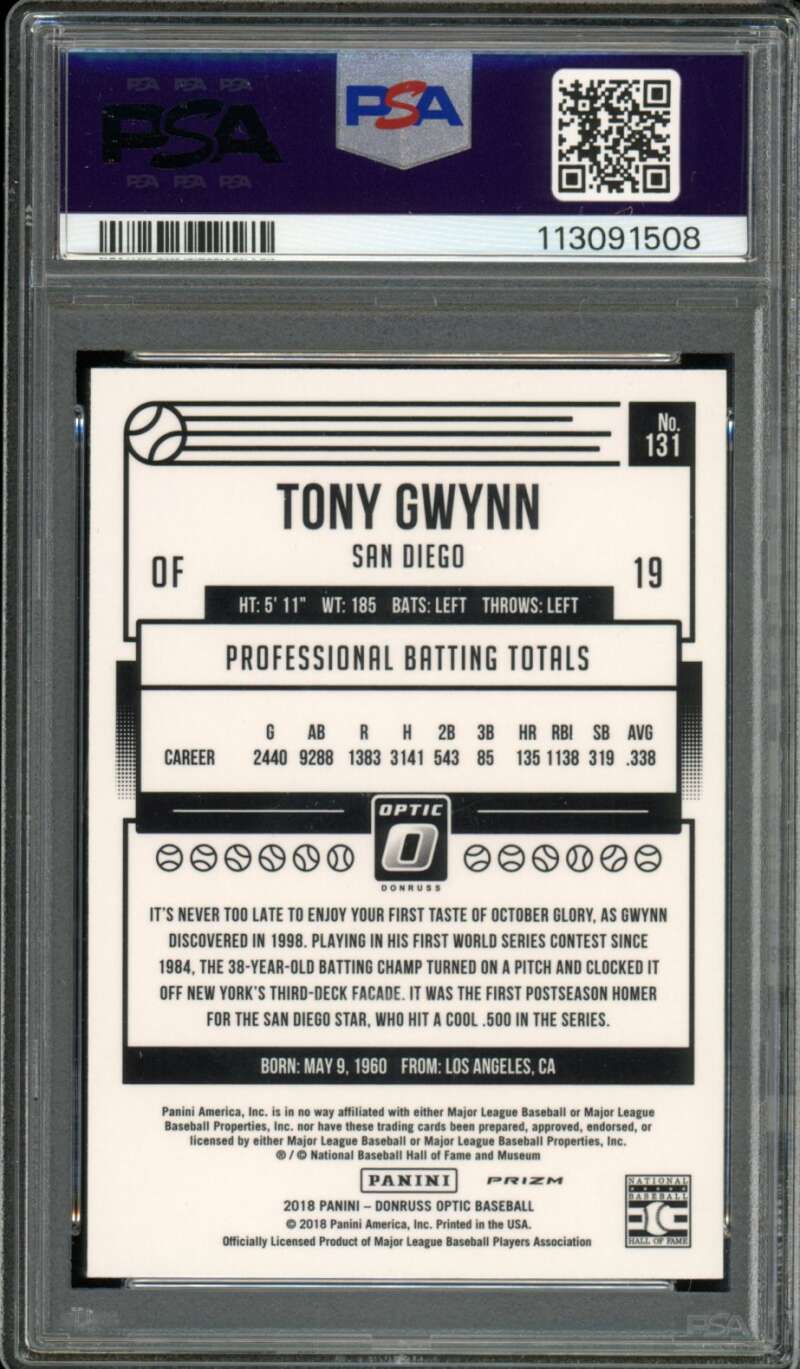 Tony Gwynn Card 2018 Panini Donruss Optic Pink (pop 1) #131 PSA 10 Image 2