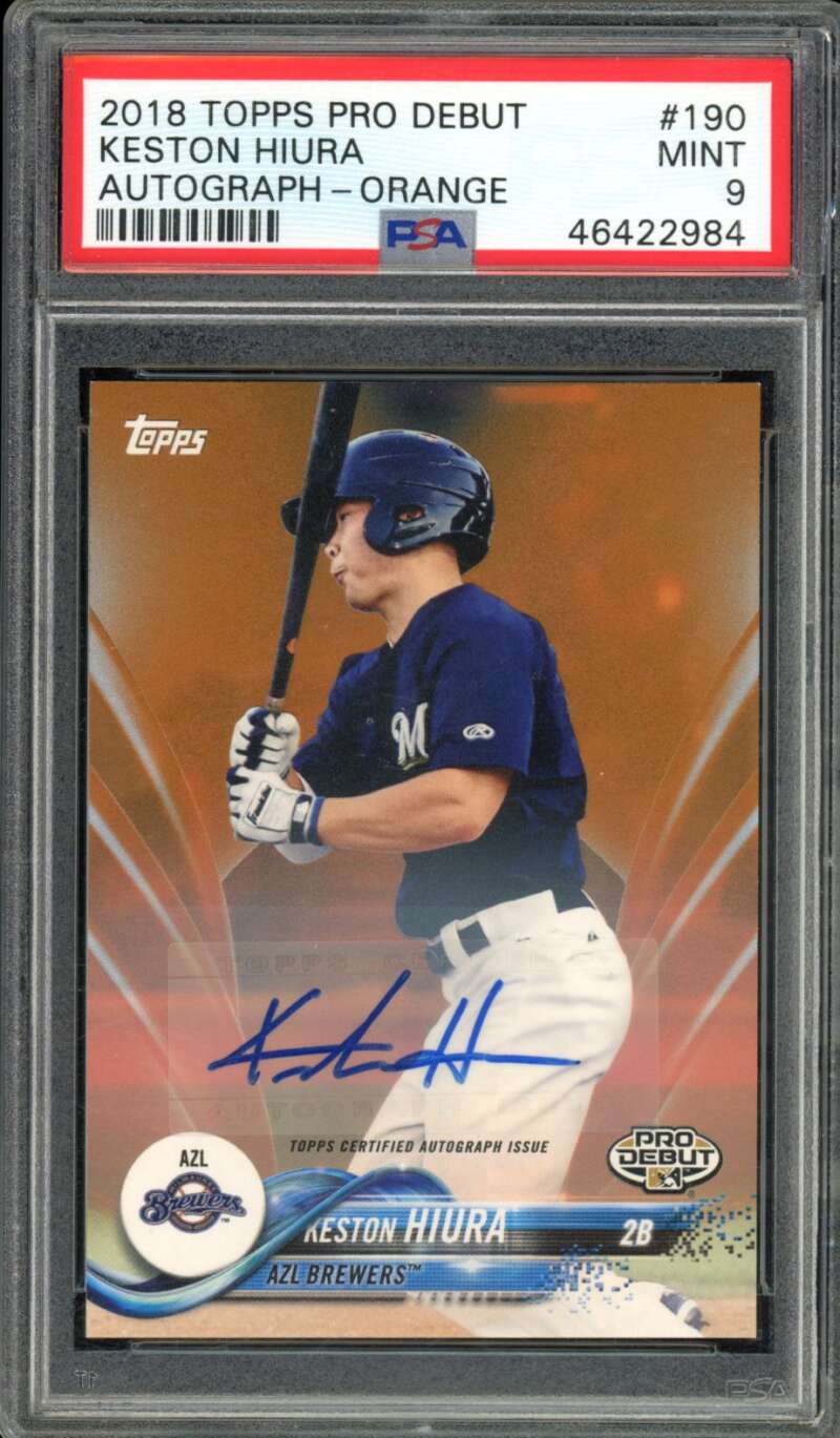 Keston Hiura Rookie 2018 Topps Pro Debut Autograph Orange (2/25) #190 PSA 9 Image 1