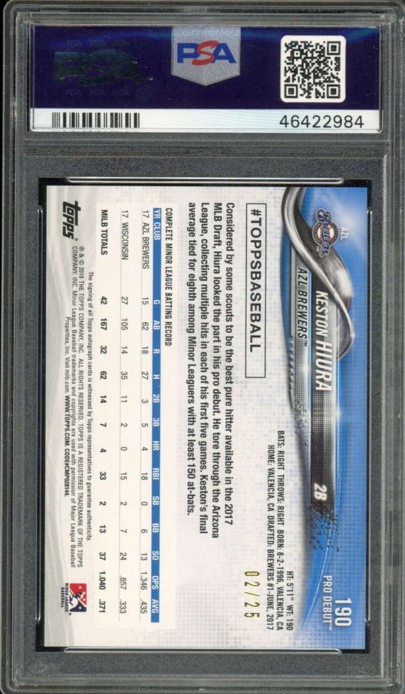 Keston Hiura Rookie 2018 Topps Pro Debut Autograph Orange (2/25) #190 PSA 9 Image 2