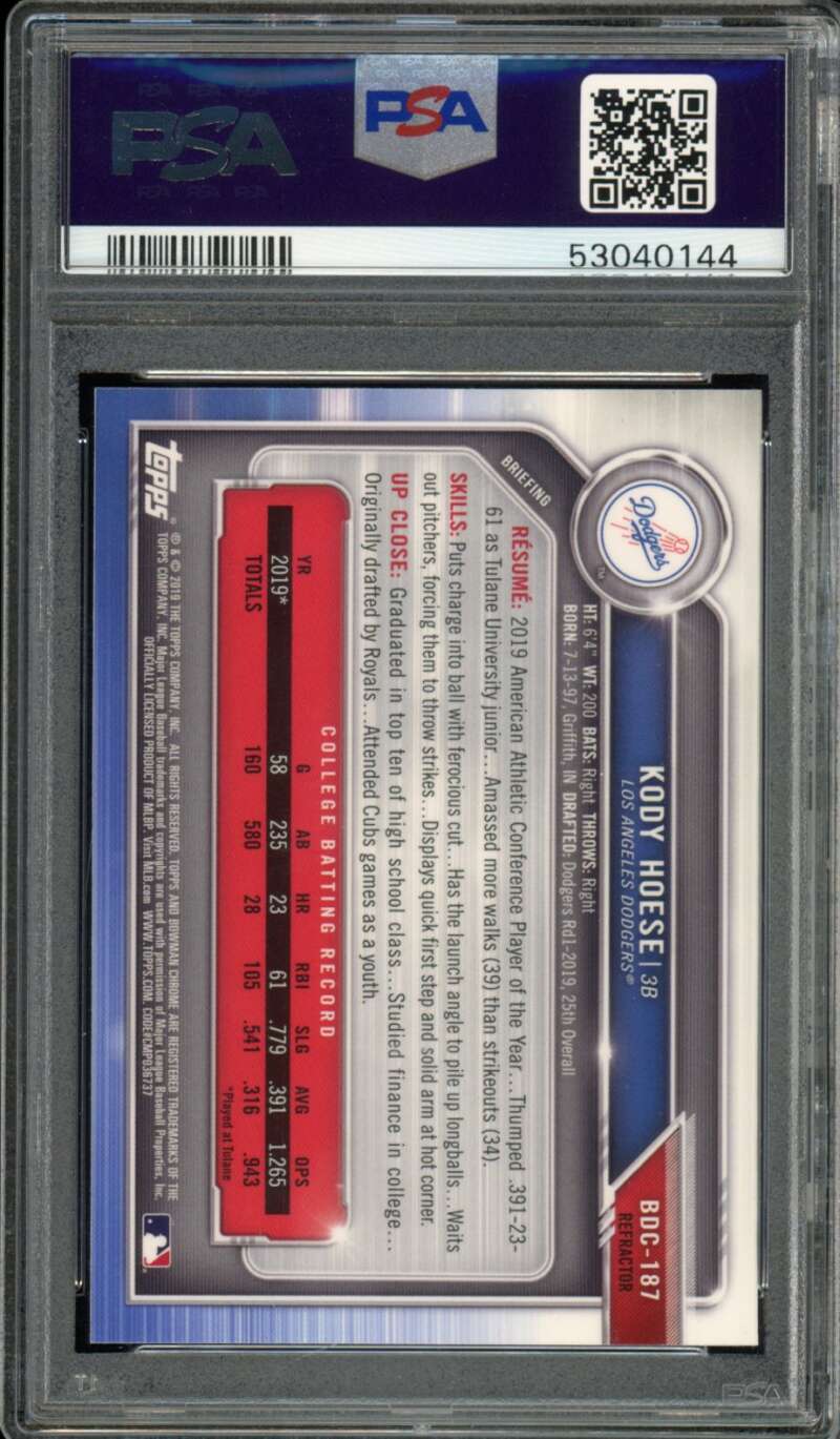 Kody Hoese Rookie Card 2019 Bowman Draft Chrome Refractor #BDC-187 PSA 10 Image 2